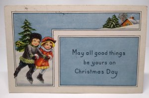 Christmas Postcard Whitney Children On Ice Skates Embossed Vintage Original