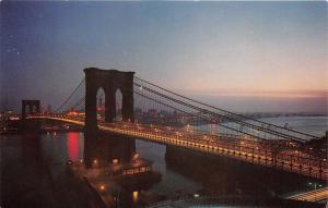 New York City~Brooklyn Bridge @ Night~Lots of Lights~Skyline Bknd~1960s Postcard