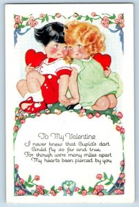 Valentine Postcard Cute Little Girls With Hearts Flowers Embossed c1910s Antique