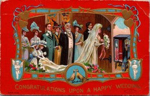 Postcard Congratulations Upon A Happy Wedding Bride and Groom Bridal Party