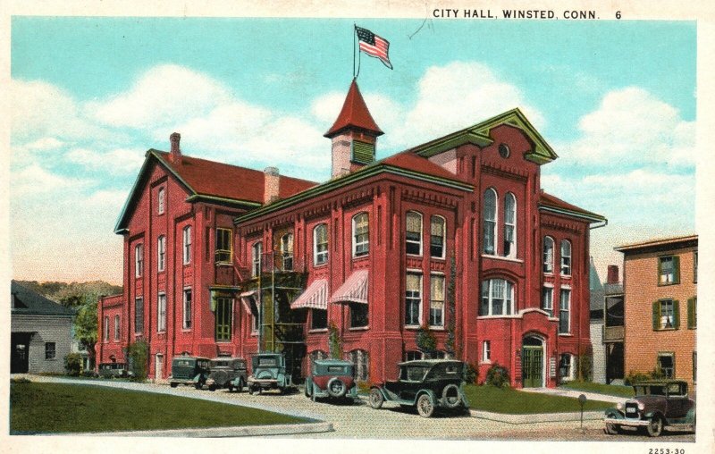 Vintage Postcard 1920's City Hall Winsted Connecticut Pub By CW Hughes