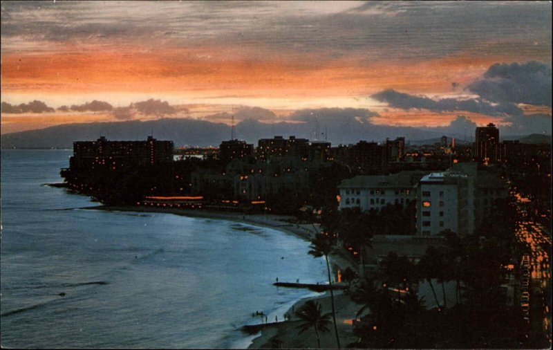 Waikiki Hawaii HI Birdseye View Sunset c1950s-60s Postcard