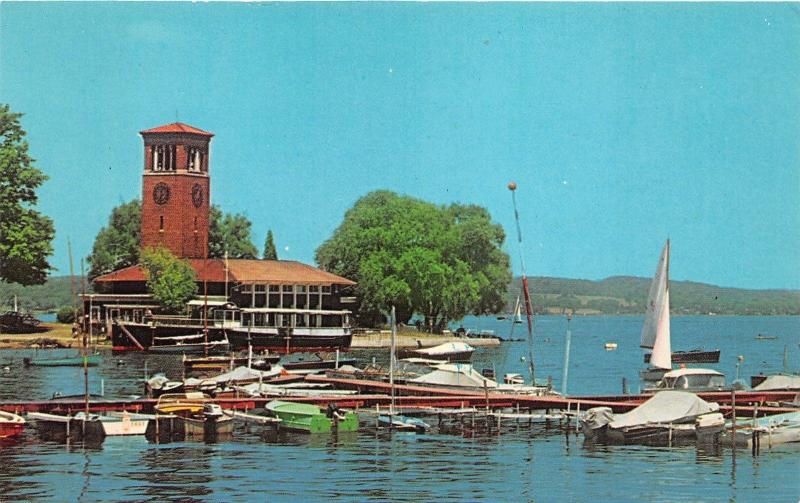 Chautauqua Lake New York Institution-Miller Bell Tower~Boats/Marina~1960s Pc