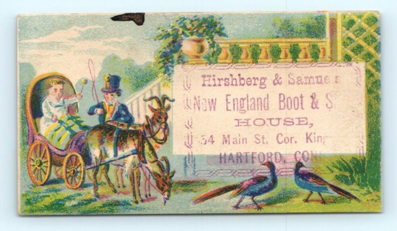 c1880s Hartford CT New England Boot Shoe Trade Card Goat Drawn Chaise Peacock C4