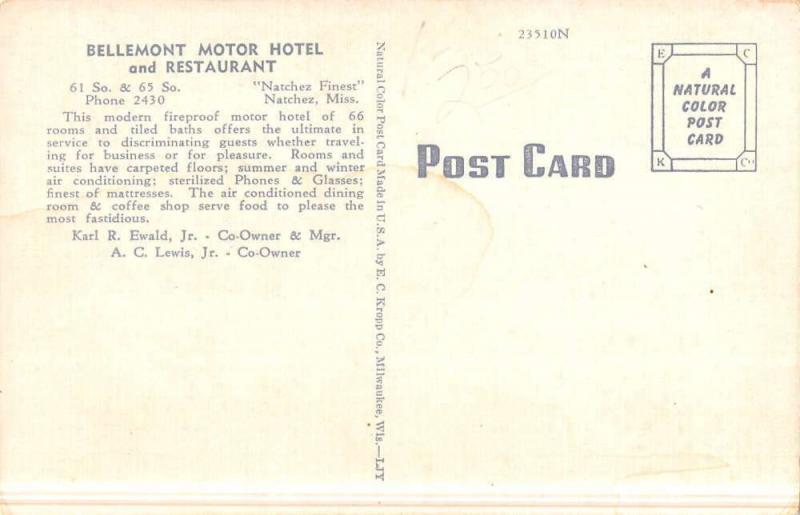 Natchez Mississippi Bellemont Motor Hotel Birdseye View Antique Postcard K47021