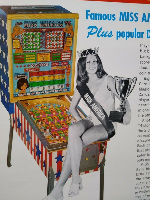 Miss America Pinball FLYER Original 1975 Bingo Game Art Pretty Lady Seated Bally