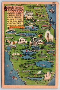 Colorful Florida FL Map Cypress Garden Singing Tower Silver Springs Postcard