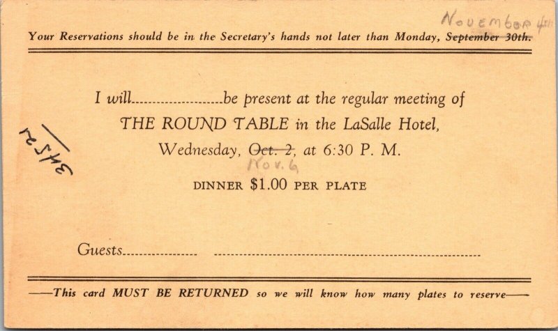 Three Postcards The Round Table at LaSalle Hotel in South Bend, Indiana~133206