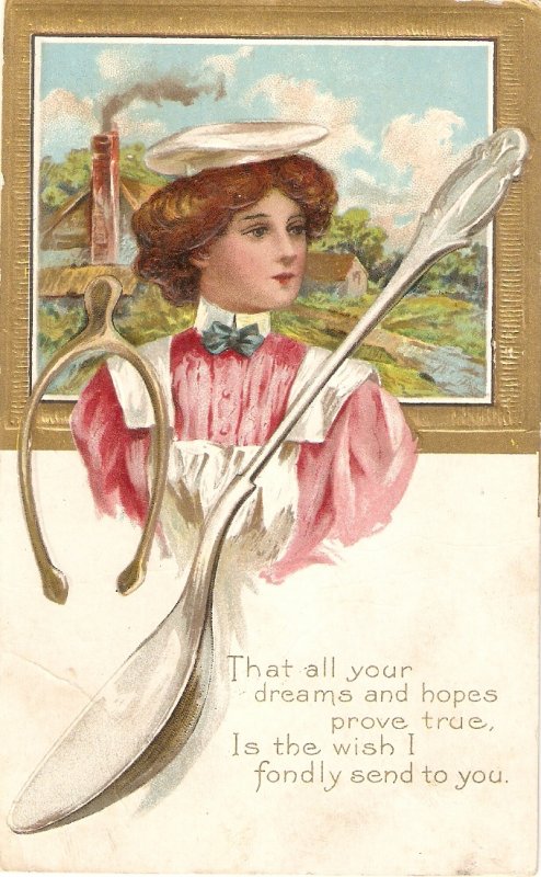 Lady with long spoon and horseshoe Nice old vintage American postcard