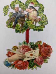 c1890s Cute Birds with String Hanging Envelope Die Cut Hand Regards Embossed C34