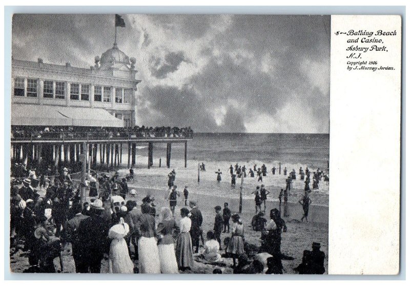 c1905 Bathing Beach Swimming Boardwalk Tourist Crowded Asbury Park NJ Postcard