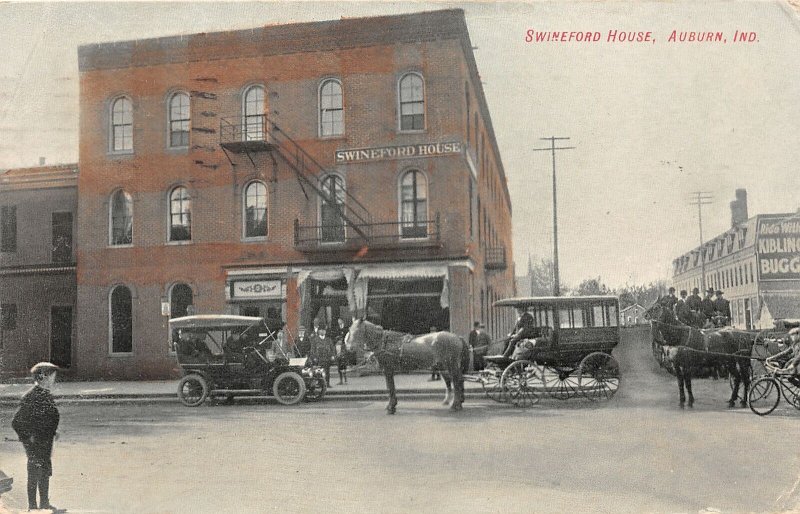 F93/ Auburn Indiana Postcard 1908 Swineford House Carriage Auto