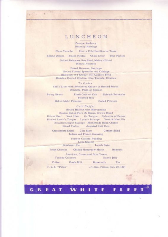 TSS Peten, Cruise Ship Luncheon Menu, Great White Fleet, At Sea, July 20, 1934,