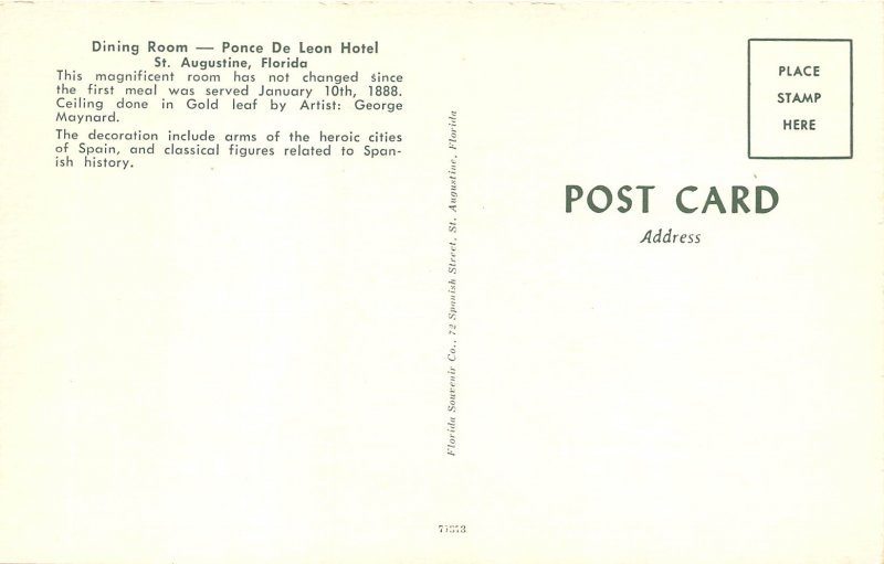 St. Augustine Florida 1960s Postcard Dining Room Ponce De Leon Hotel 