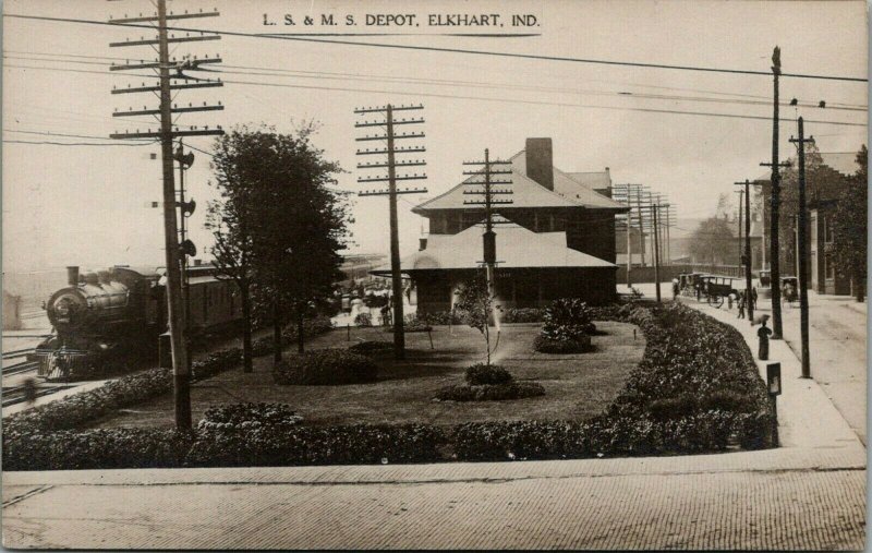 Elkhart Indiana~LS&MS RR Depot~Train at Railroad Station~J Inbody 1908 RPPC 