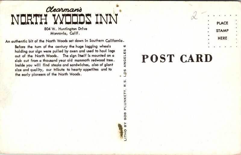 Clearmans North Woods Inn Monrovia CA California Postcard VTG UNP Vintage Unused 