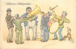 Postcard 1950s Czech Slovakia Brass band howling dog comic humor TP24-2152