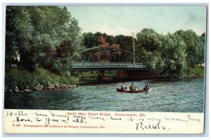 c1905 North Main Street Truss Bridge 3 Men On Boat Economowoc Wisconsin Postcard