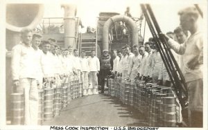 RPPC Postcard USS Bridgeport AD 10 WWI Destroyer Tender  Mess Cook Inspection