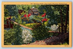 Asheville North Carolina NC Postcard Swinging Bridge Flowers And Trees c1940's