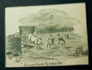 Pigs Excuse Haste and A Bad Pen Farm Scene Engraved Victorian Trade Card C3 