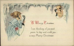 Christmas - Pretty Woman & Cupid on Telephone Icicles c1910 Postcard