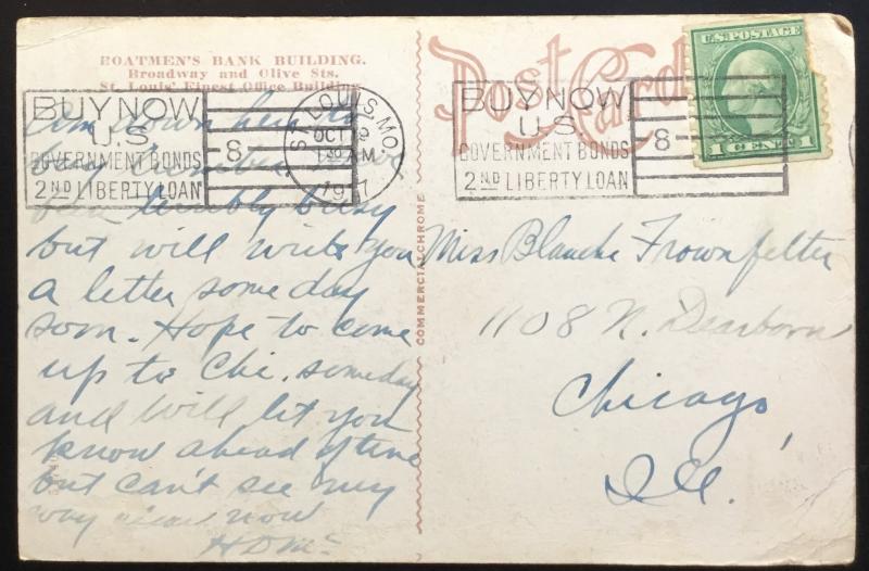 Linen? Postcard Used 10/19/17 Boatmen's Bank Bldging St Louis MO LB