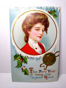 New Years Postcard  Lovely Victorian Lady Embossed 1910 Germany Vintage Original 