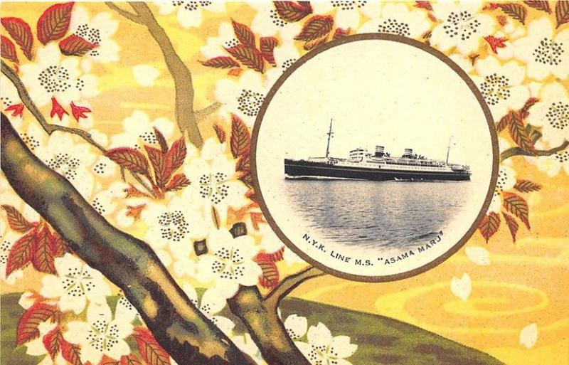 N.Y.K. Line Steam Ship M.S. Asama Maru Japan Yellow Border Postcard