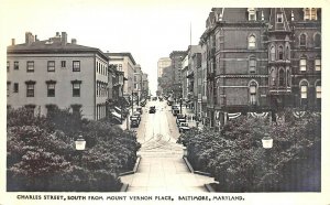 Baltimore MD Charles Street Mt. Vernon Place Old Cars Real Photo Postcard