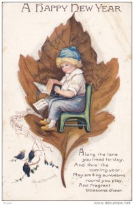 NEW YEAR; Little boy sitting on green chair playing accordian, Brown Oak Leaf...