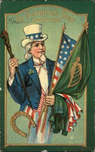 St. Patrick's Day Uncle Sam Flag Horseshoe Gilt Embossed Vintage Postcard