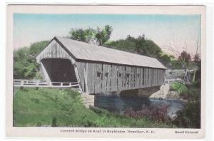 Covered Bridge Hopkinton Henniker New Hampshire 1940s handcolored postcard