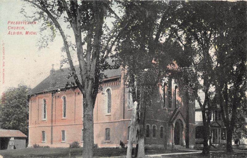 Albion Michigan~Presbyterian Church~Entrance Shaded by Trees~c1910 Pc