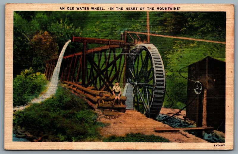 Postcard c1930s An Old Water Wheel In The Heart of The Mountains Linen Unused B