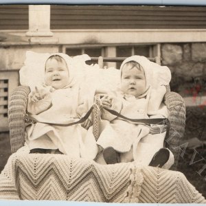 c1910 Cute Babies in Wicker Stroller RPPC Chair Laugh Smile Twins? Adorable A192