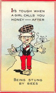 Vintage Comic  A GIRL CALLS YOU HONEY~AFTER BEING STUNG BY BEES   Postcard