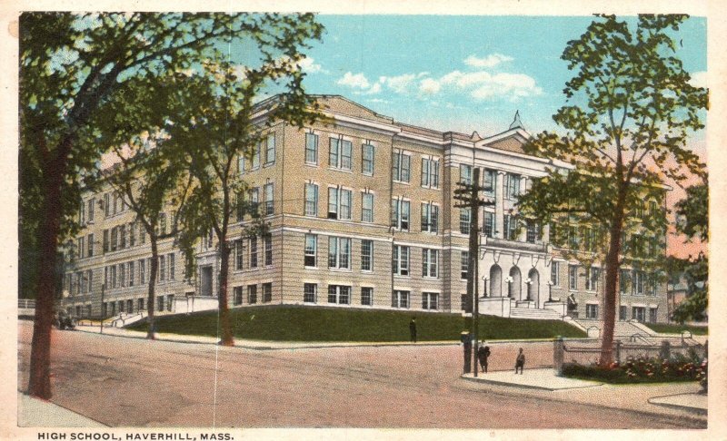 Vintage Postcard 1920's High School Building Campus Haverhill Massachusetts MA