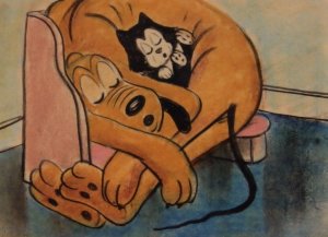 Pluto Sleeping With Cat Walt Disney Cartoon Dog Animation Postcard