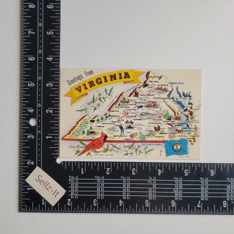 Virginia Greetings Map Cities Towns Points of Interest VA Postcard Posted