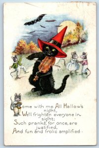 1923 Halloween Black Cat Playing Violin Anthropomorphic Mouse Dancing Postcard