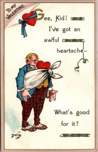 Dwig artwork Postcard Valentine Man Heart Tied to Him Awful Heartache