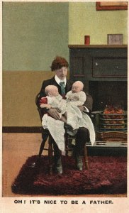 Vintage Postcard 1900's Oh! It's Nice To Be A Father Cute Two Little Babies Art