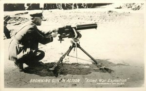 RPPC 1918 Allied War Exposition Officer & Browning Machine Gun in Action