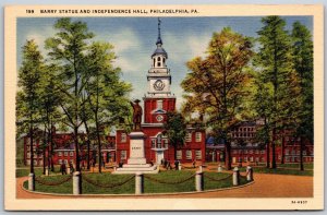 Vtg Philadelphia PA Barry Statue and Independence Hall 1930s View Old Postcard