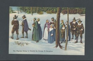 Ca 1937 Post Card Boston Ma Geo H Boughton Painting Of Pilgrims Going Church