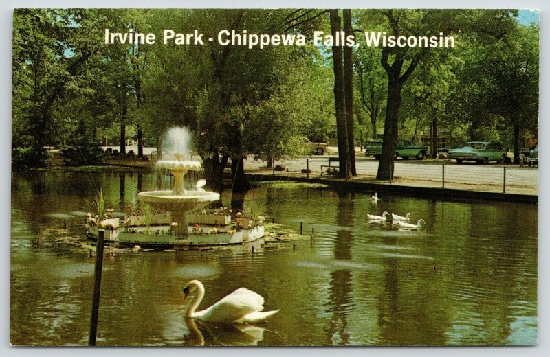 Chippewa Falls Wisconsin~Geese & Swan Float Around Irvine Park Fountain~1960s PC 