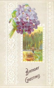 BIRTHDAY Greetings  BOUQUET OF PURPLE VIOLETS  c1910's Embossed Roses Postcard