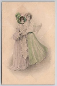 Two Pretty Ladies Hand Colored Sketch Style M Vienne Postcard B39