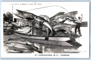 Vancouver Canada Postcard Coat A Boat with Exaggerated Fishes c1905 RPPC Photo
